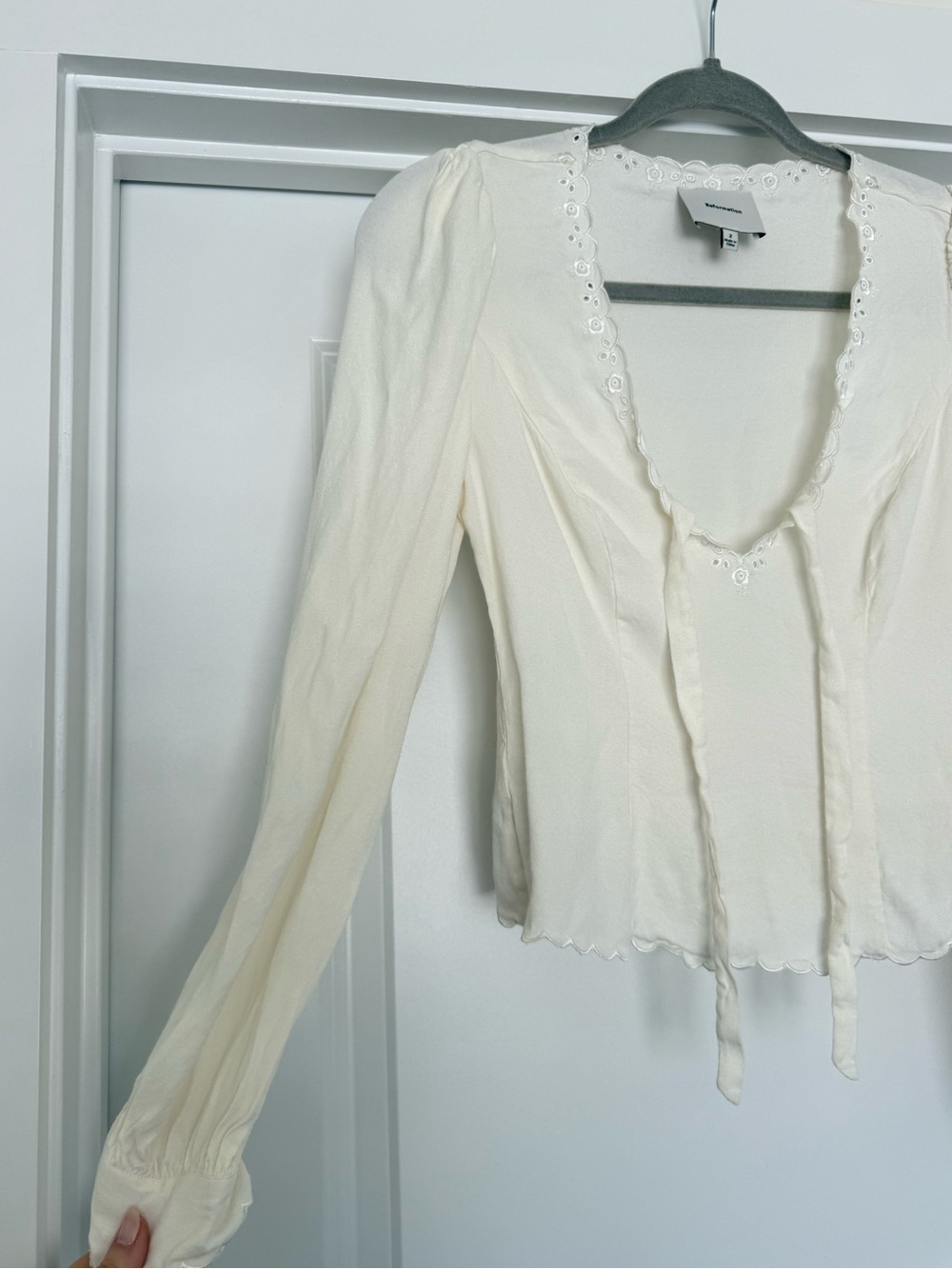 Reformation Ivory Scalloped Tie-Neck Blouse - Picture 8 of 8